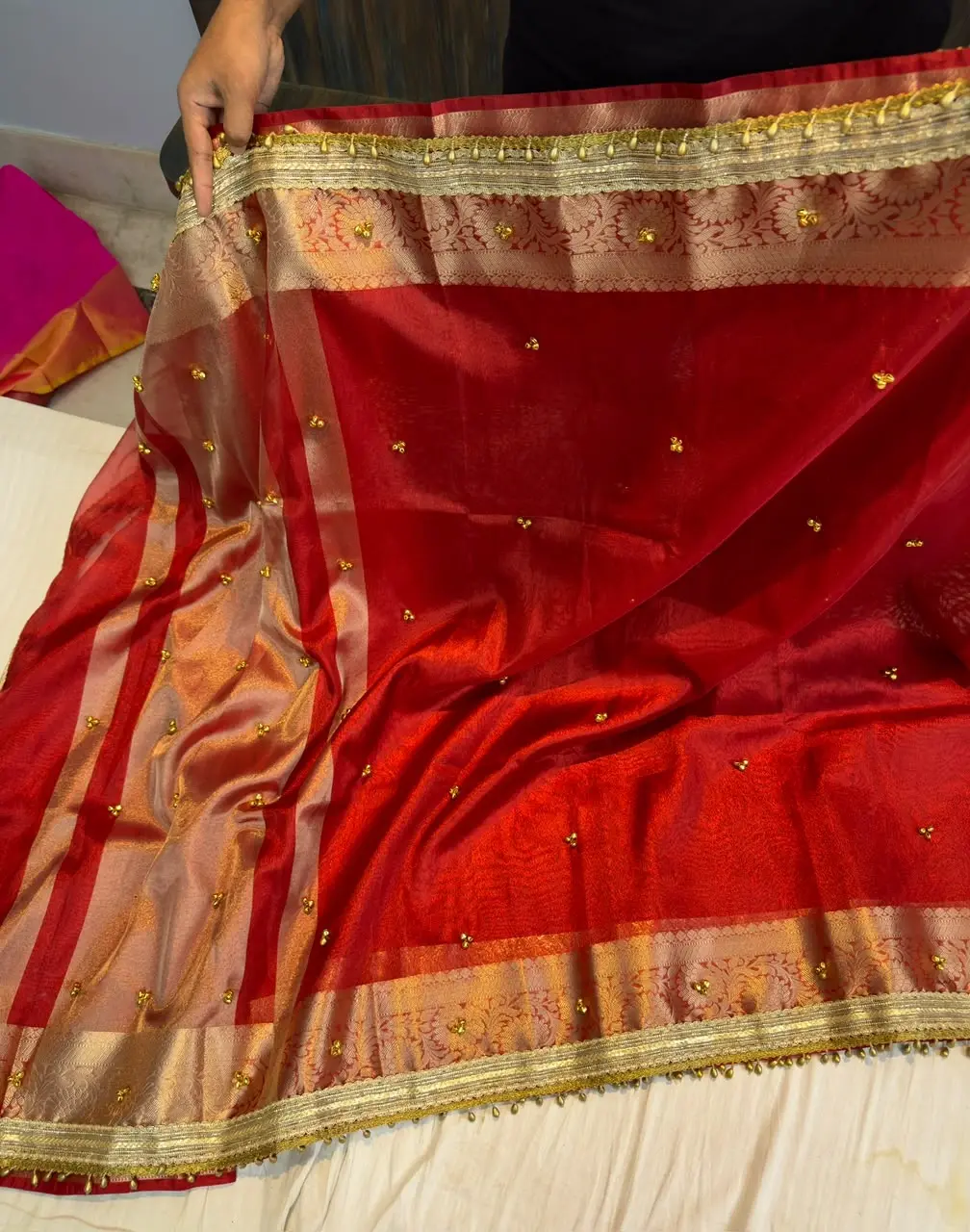 Rich Red Banarasi Tissu Soft Fabric